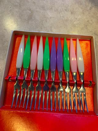 Vintage Mid - Century Little Forks Stainless Steel,  Multi Colors,  Set Of 10,  Box