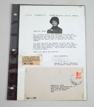 Vintage Letter Signed For 1969 Elizabeth Taylor