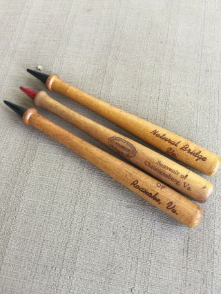 3 Vintage Souvenir Baseball Bat Pencils Christiansburg Roanoke Natural Bridge Va