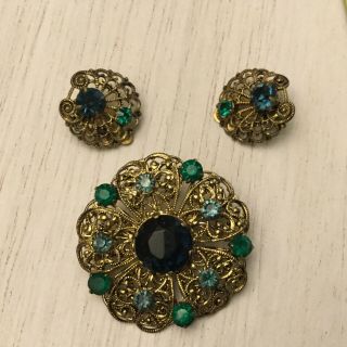Vintage Blue Green Rhinestone Brooch & Clip Earrings Set Signed Czechoslovakia