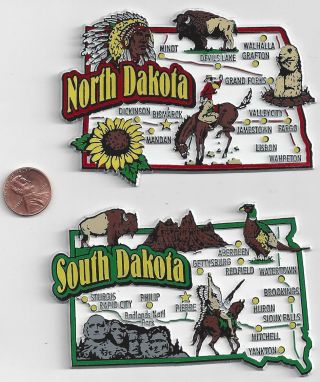 S.  Dakota And North Dakota State Jumbo Map Magnets 7 Color Usa 2 Magnets