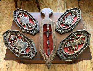 Vintage Spanish Revival Medieval Style Wall Decor Plaques Coat Of Arms Sword Set