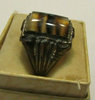 Vintage Art Deco Men ' s UNCAS Sterling Silver Agate Ring Sz 9 3/4 2