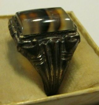 Vintage Art Deco Men ' s UNCAS Sterling Silver Agate Ring Sz 9 3/4 3