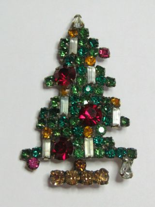 Large Vintage Weiss Rhinestone Christmas Tree Brooch Pin 6 Candle Signed