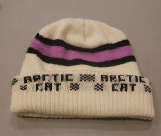 Vtg 1970s Arctic Cat Snowmobile White Pink Black Knit Hat Adult Vgc Cap Toque