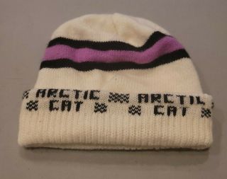 Vtg 1970s ARCTIC CAT Snowmobile White pink black Knit Hat Adult VGC cap toque 2