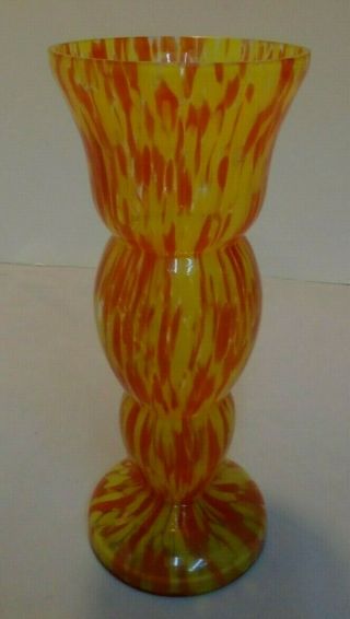 Czechoslovakia Signed Glass Vase,  Yellow & Orange,  8.  25 " Tall 3.  25 " Top Vintage