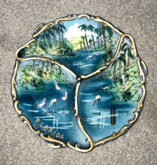 Awesome Vintage Florida Souvenir Plate Divided Gold Trim Flamingos Palm Trees