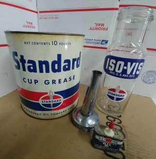 Vintage Standard Oil Iso - Vis Glass Motor Oil Bottle & Standard Can