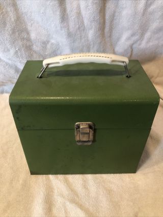 Vintage Olive Green Textured Metal 45 Rpm Record Carry Case With Dividers