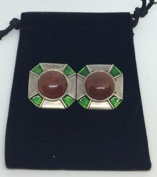 Vintage Large Orange And Green Sterling Silver 925 Clip On Earrings 17 Grams