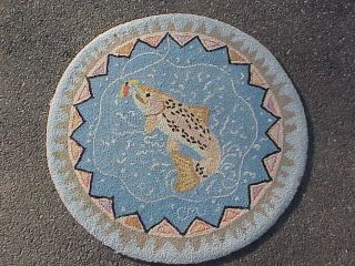 Vintage Claire Murray Hand Hooked Rug Round 30 " X 30 " Trout Fishing