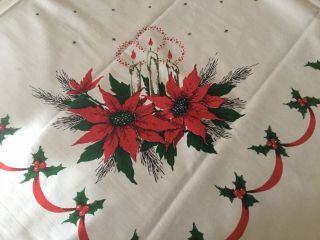 Vintage Christmas Tablecloth Poinsettia Candles Holly Berries