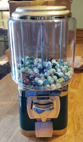 Vintage Gumball Machine Green & Gold.  Key.  200,  Mixed Marbles.