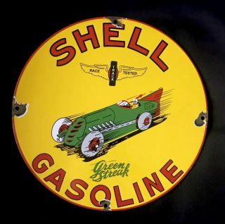 Vintage 1930’s Shell Green Streek Porcelain Sign 12” Gas Oil Auto Car Truck