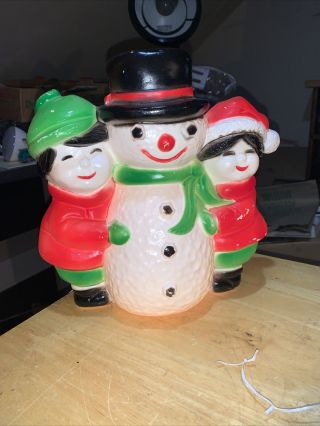 Vintage Union Products Snowman With Children Christmas 11 " Blow Mold.  Lighted