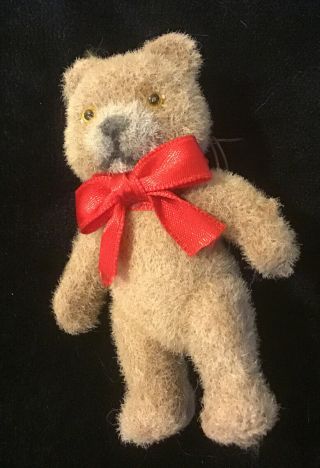 Vintage Fuzzy Flocked Teddy Bear With Bow Miniature Christmas Decoration