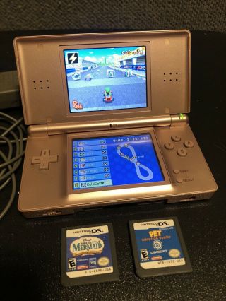 Vintage Nintendo Ds Lite Metallic Rose Handheld System With Games Mario Kart