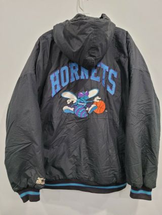 Vintage 90s Starter Nba Charlotte Hornets Puffer Hooded Spell Out Jacket Mens Xl