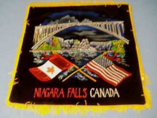 Vtg Niagara Falls Canada Black Velvet Souvenir Pillow Cover Fringed Edge Nos