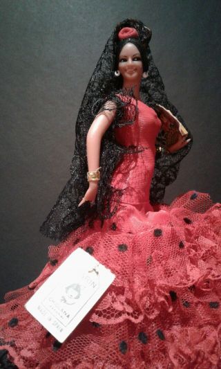 Vtg Marin Chiclana Spanish Flamenco Dancer Fan Doll Red Lace 7 " Spain W`tag