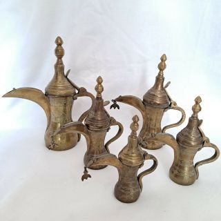 Vintage Brass Dallah Set 5 Piece Saudi Arabia Etched Spout Cover Coffee Tea