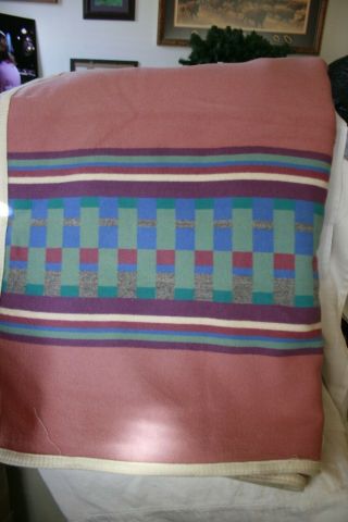 Vintage Reversible Wool Blanket Possibly Pendleton Blue Pink 86 X 88 King Queen