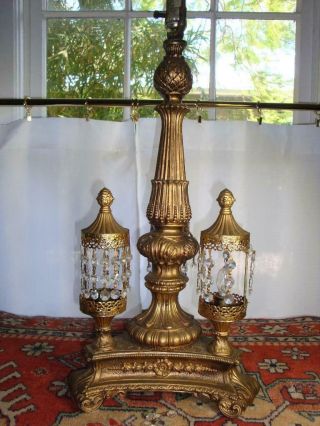 Vintage Mcm Mid Century Modern Hollywood Regency Crystals Gold Metal Lamp 33 "