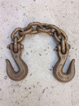 Vintage Ht Tempered Forged 3/8 " Double Eye Grab Tow Hooks With Chain Link