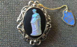 Vintage Large Whiting And Davis Saphiret Glass Cameo Brooch W Tag