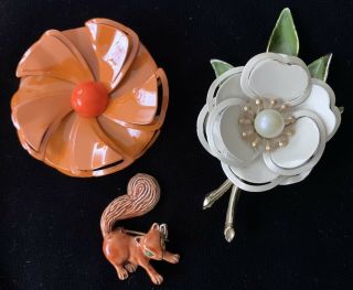 3 Novelty Vintage 60’s Enamel Pins Flowers Gerry’s Squirrel