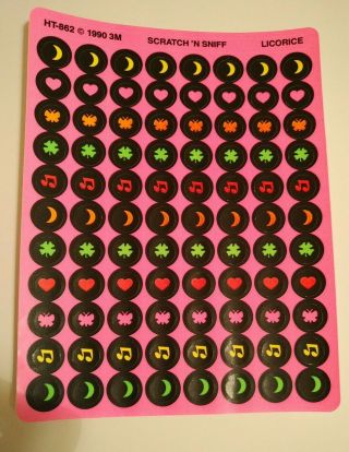 Vintage 80s 90s Stickers Scratch Sniff 3m Licorice Matte Moon Heart Clover Music