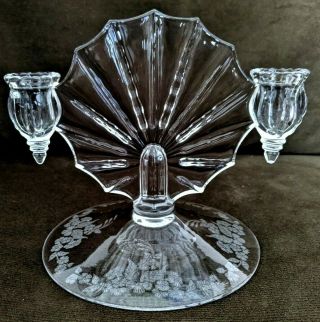 Vintage Clear Depression Glass Double Candlestick Holder W/etched Base