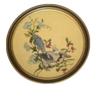 Vintage Hand Cross Stitched Blue Jay Bird Round Picture Framed 13 1/4