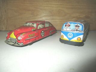 2 Vintage Friction Tin Toys Rescue Vw Van & Fire Chief Car - Both Made In Japan