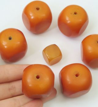 6 Vintage Large Amber Resin African Trading Beads And 1 Cube