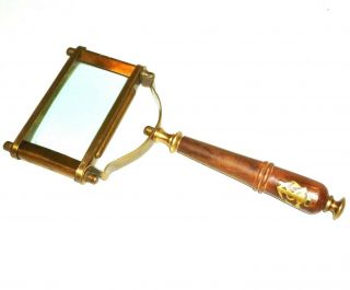 Vintage Style Brass Rectangular Wood Big Magnifying Glass Magnifier