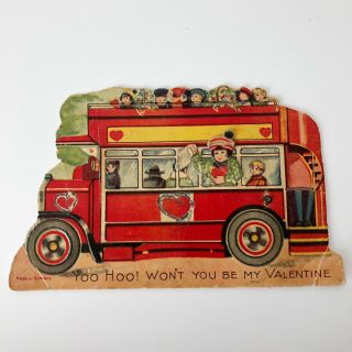 Vintage Germany Mechanical Double Decker Bus Valentine Day Card Broken