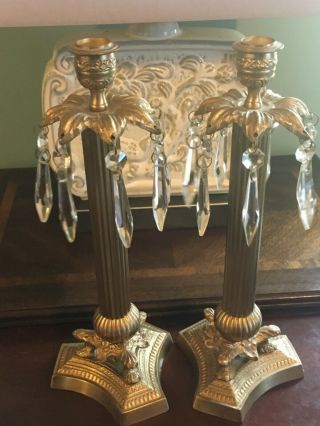 Vintage Hollywood Regency Gold Metal Candlesticks 13.  5 " Set 2 Glass Prisms