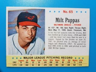 1963 Post Cereal Baseball 65 Milt Pappas Nm,  Vintage
