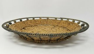 Vintage Large Flat Woven Brown Wicker Beaded Metal Serving Storage Basket