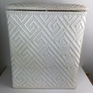 Vintage White Wicker Laundry Clothes Hamper With Padded Top Woven Storage