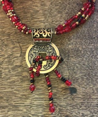 VINTAGE CHICO ' S RED & BLACK CHINESE DRAGON PENDANT STATEMENT NECKLACE 2