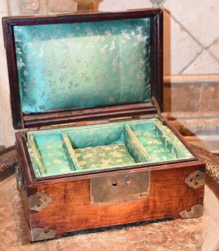 Vintage Asian Wood JEWELRY BOX Etched Brass Stone Inlay Green Silk Lining China 3
