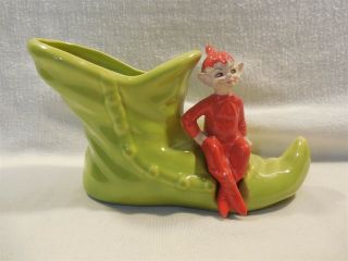 Vintage Gilner Ceramic Red Pixie Elf On Light Green Shoe Boot Planter