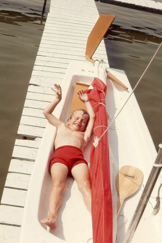 Sm7 X Vintage Amateur Photo 35mm Slide - Little Boy On Dock - 1969