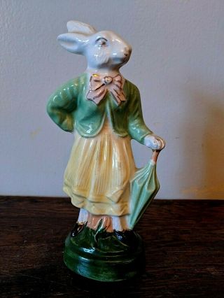 Vintage Ceramic White Rabbit W/blue Bow & Flowers By Bunny Blossoms 5 1/2 " Tall