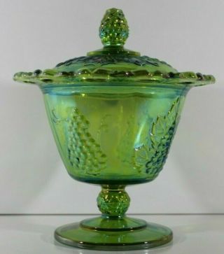 Vintage Green Carnival Glass Pedestal Candy Dish Scalloped Edge Harvest Grapes