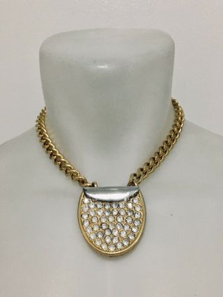 Lanvin Designer Vintage Gold - Toned Metal Crystal Pendant Necklace Chocker
